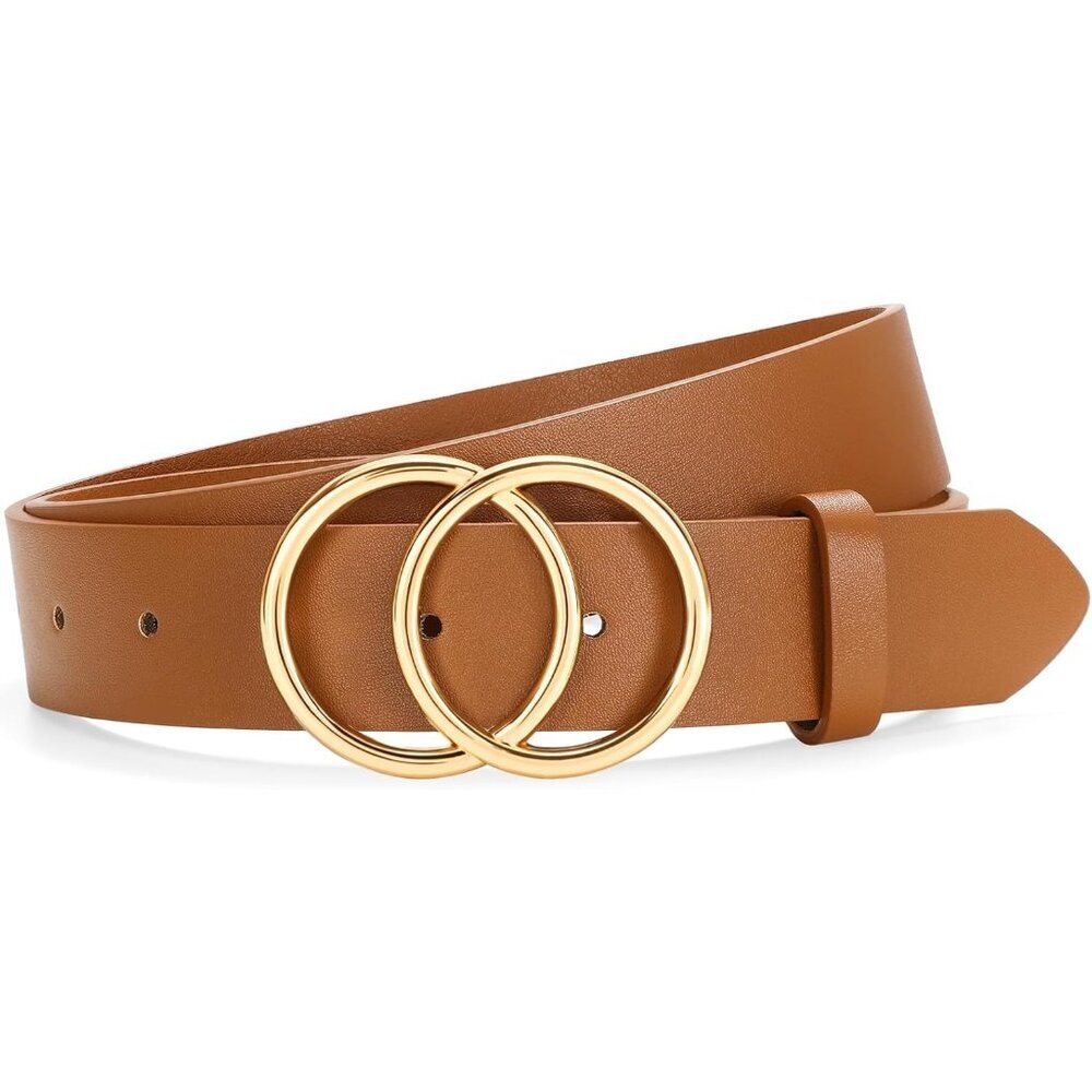 Women's Leather Belt Jeans Pants Fashion Waist Belt Ring Buckle Brown Gold